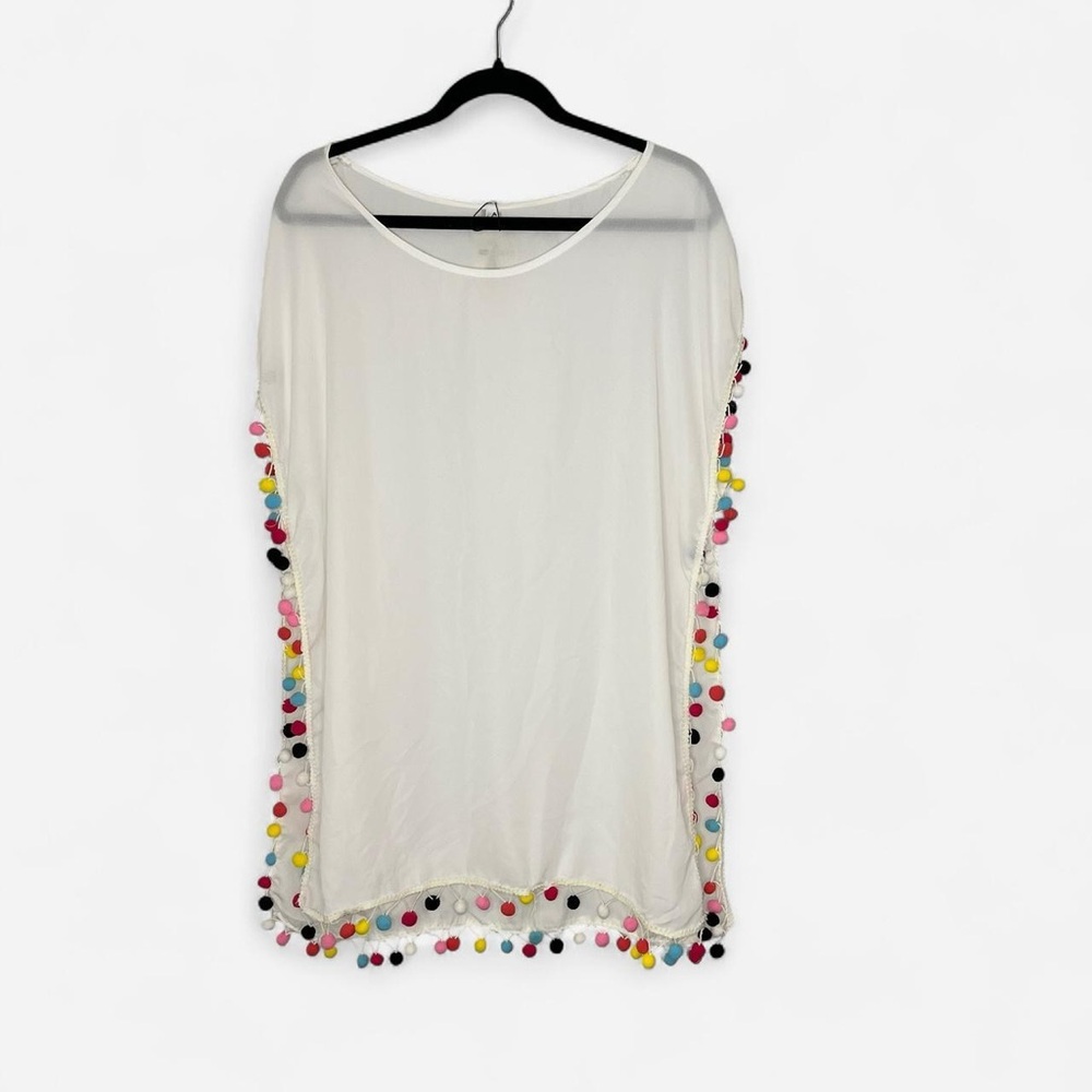 White Beach Cover with Colorful Pom Poms